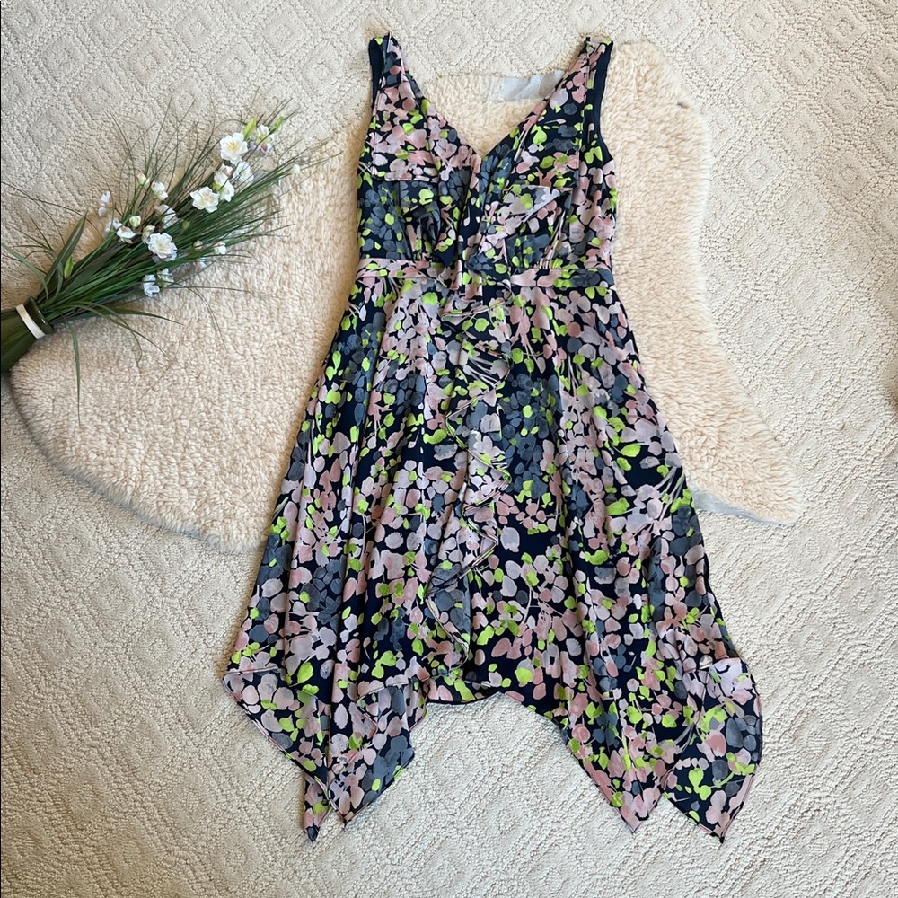 BCBGMaxAzria Pink, Blue & Green Floral Handkerchief Hem Dress